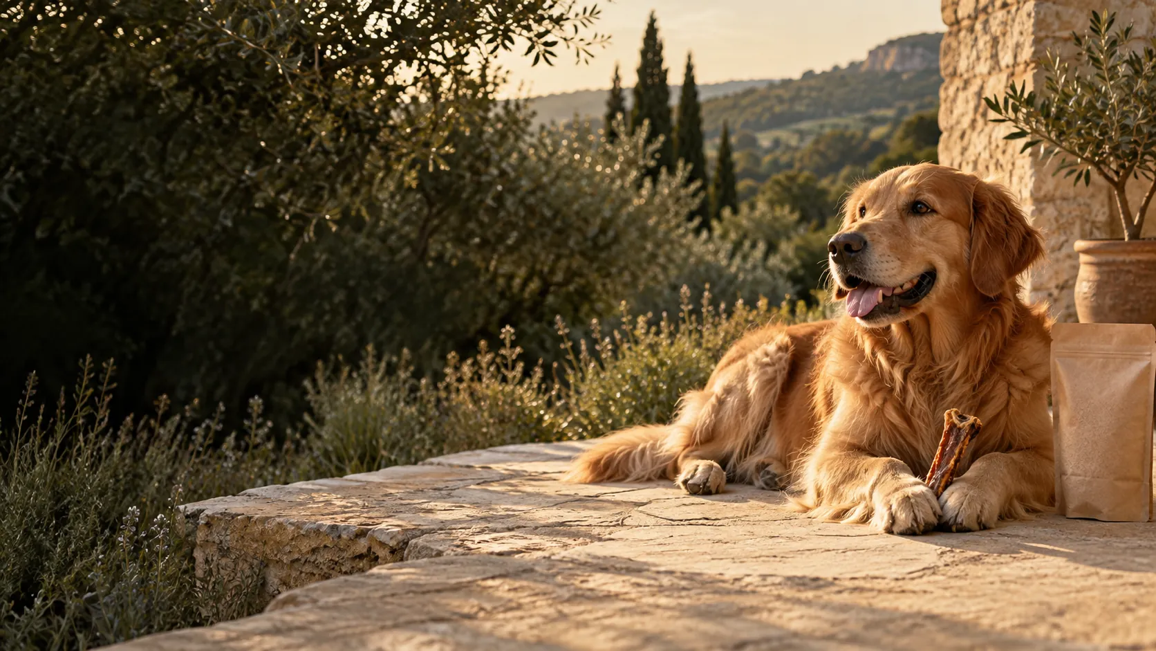 Un chien profite d’une friandise à mâcher sur une terrasse ensoleillée, scène de marque créée pour le programme.