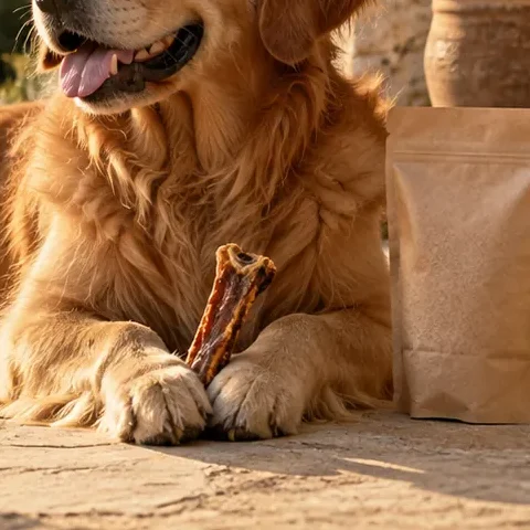 Un chien tient une mastication entre ses pattes, à côté d’un sachet kraft : détail de la scène de marque créée pour le programme.